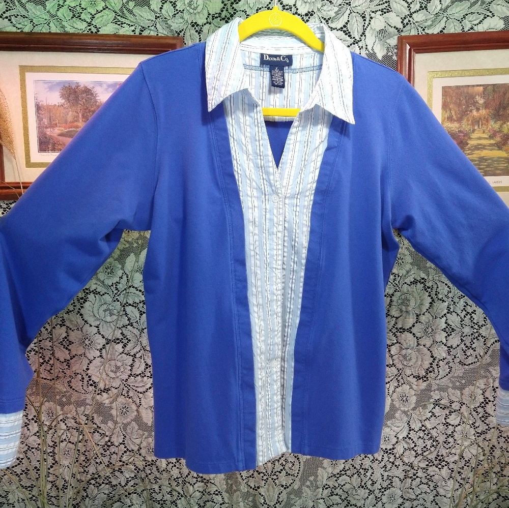 Denim&Co bright blue shirt blue stripes long sleeve stretchy button down layered